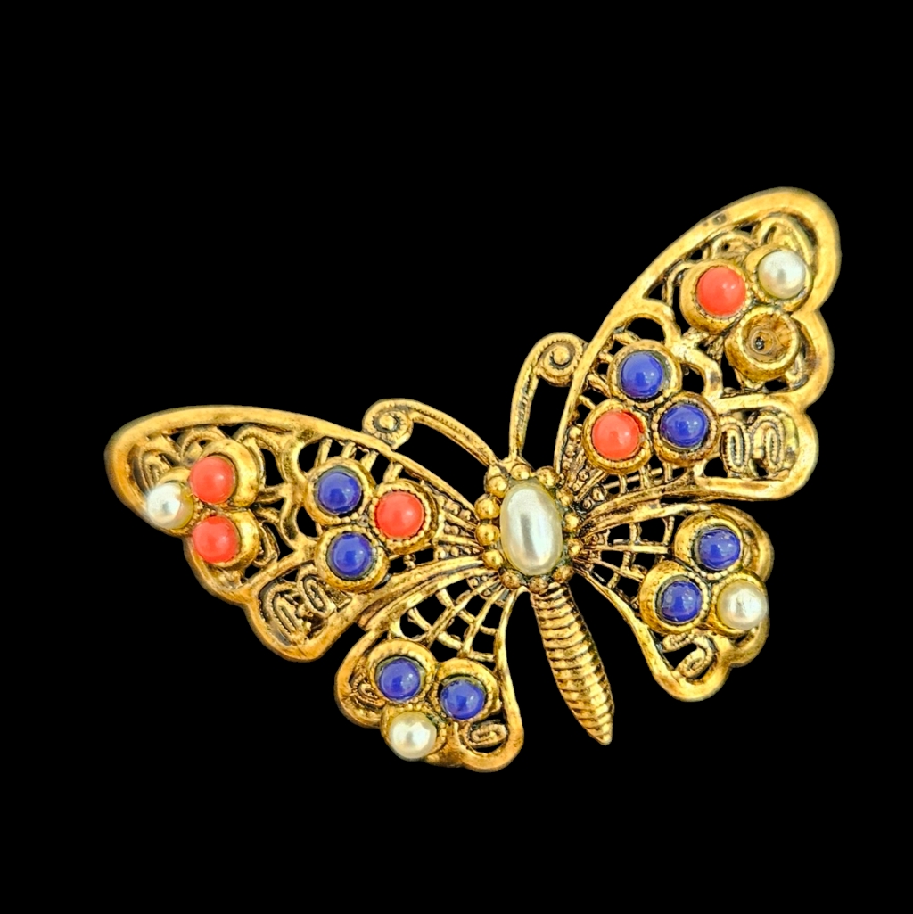 Butterfly Filigree Made In West Germany Faux Pearl Gold Pin Brooch Signed Vtg 20$